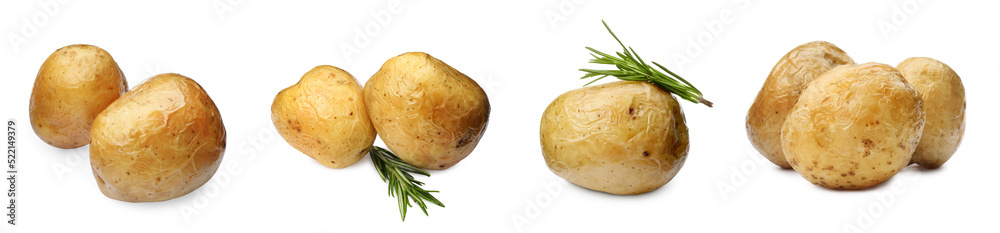Set with delicious hot baked potatoes on white background. Banner design Set with delicious hot baked potatoes on white background. Banner design