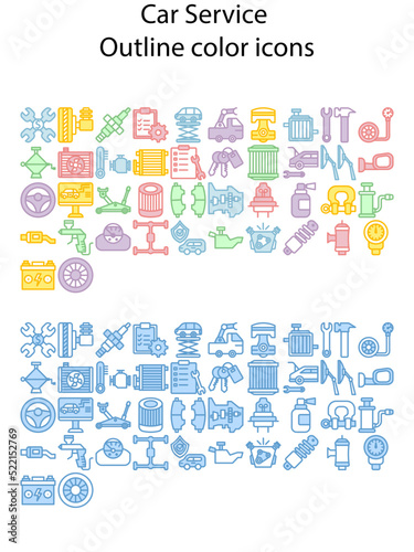 Set of car service outline color icons.
