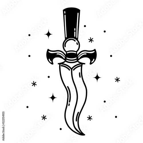 Ritual dagger vector icon. Shining occult knife with a sharp blade, black handle. Vintage stiletto, magical witch sword. Outline isolated on white. Weapon sketch. Clipart for logo, web, apps, tattoo