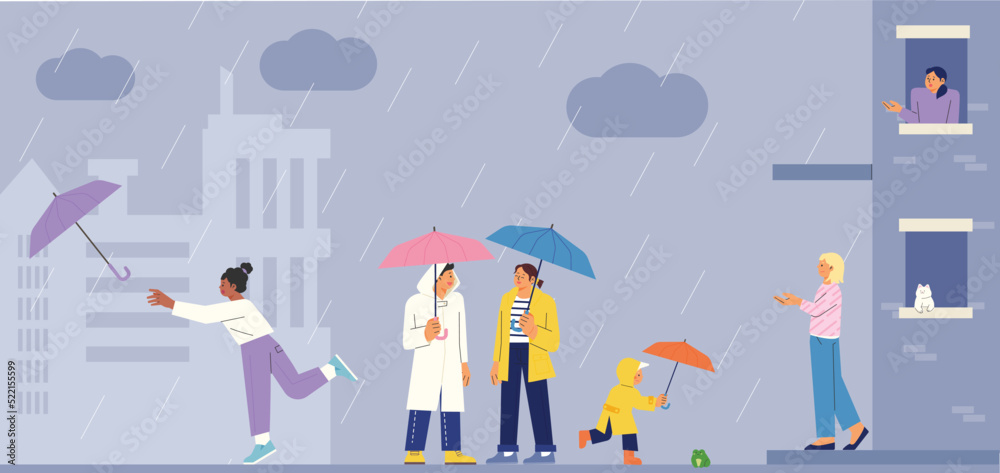People on the street on a rainy day. A person watching the rain out the window. flat design style vector illustration. People on the street on a rainy day. A person watching the rain out the window. flat design style vector illustration.