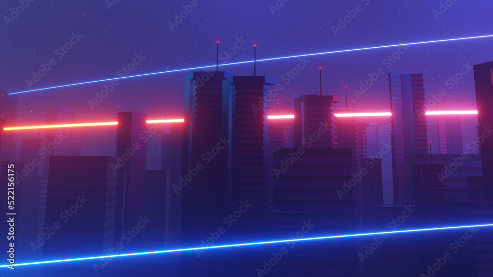 Obraz premium 3d render of Cyber night mega city landscape scene. Light glowing and reflection on dark tech scene. Night life. Technology network for 5g. Beyond futuristic of Sci-Fi Capital city and building scene.