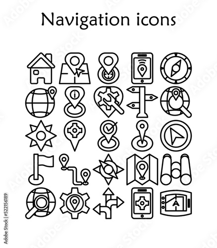 Set of navigation detailed outline icons.