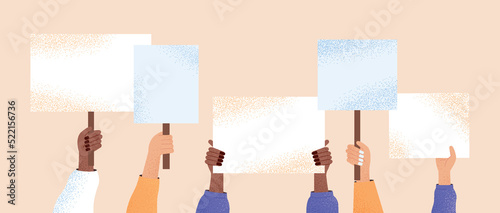 Hold empty banners. Protest or rally, responsible society. Place for text, people holding white signs. Graphic elements for website. Activists on street, discontent. Cartoon flat vector illustration