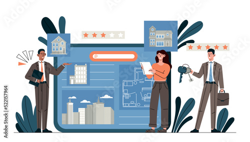 Real estate property. Men and girl estimate cost of house, analytical department. Transaction consultants and assistants. Investing savings, financial literacy. Cartoon flat vector illustration