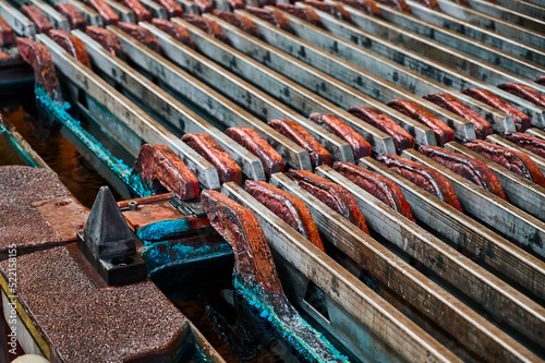 Electrolysis bathtub with installed copper anodes at plant