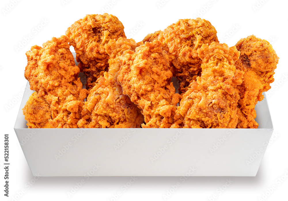 Spicy fried chicken in paper bucket isolated on white background, Fried chicken on white With