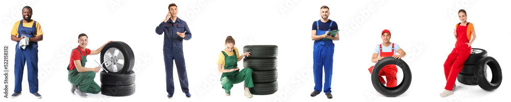 Set of car mechanics with tires isolated on white Set of car mechanics with tires isolated on white