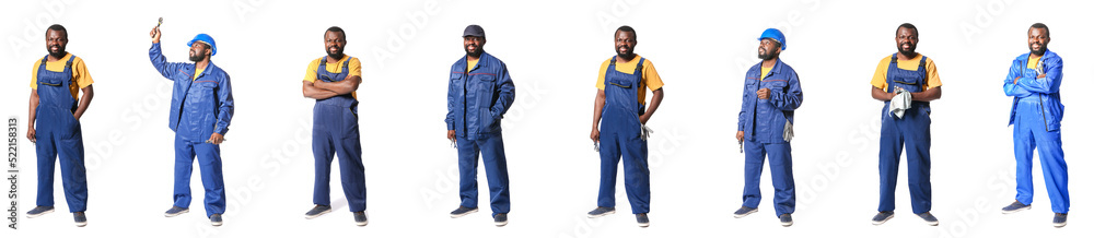 Set of African-American car mechanic isolated on white Set of African-American car mechanic isolated on white