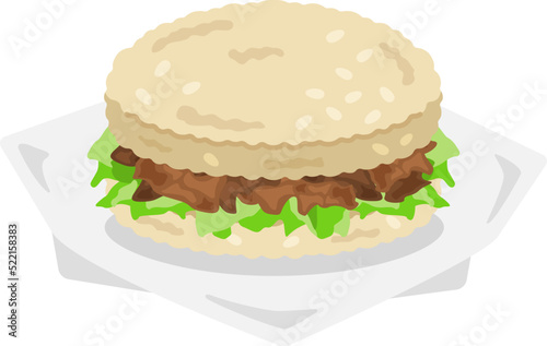 包み紙を開けた、焼き肉ライスバーガーのイラスト