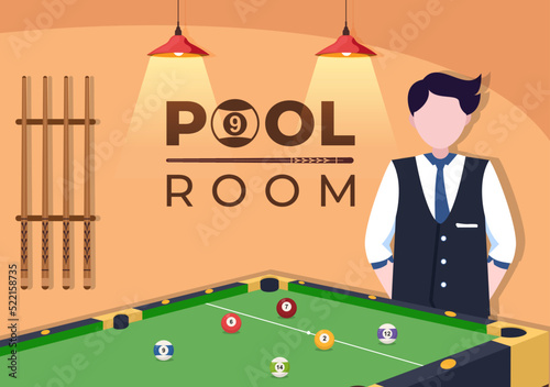 Billiards Game Hand Drawn Cartoon Flat Illustration with Player Pool Room with Stick, Cue Aiming at Billiard Balls in Sports Club