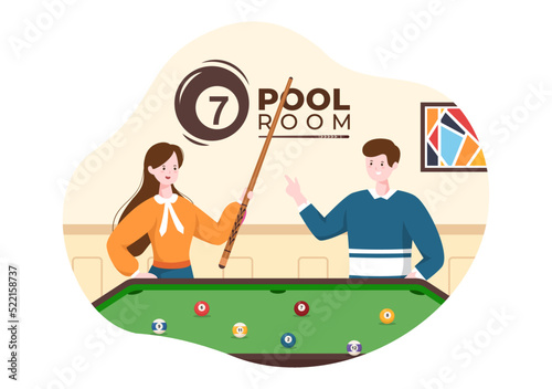 Billiards Game Hand Drawn Cartoon Flat Illustration with Player Pool Room with Stick, Cue Aiming at Billiard Balls in Sports Club