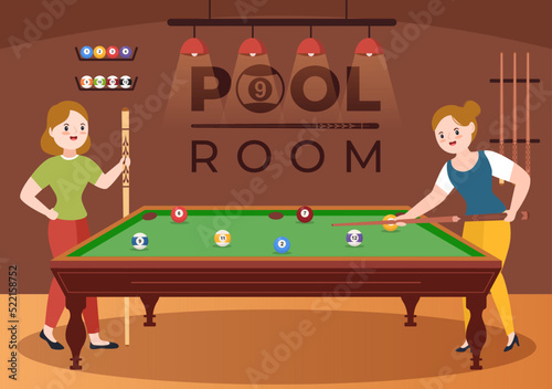 Billiards Game Hand Drawn Cartoon Flat Illustration with Player Pool Room with Stick, Cue Aiming at Billiard Balls in Sports Club