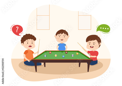 Billiards Game Hand Drawn Cartoon Flat Illustration with kids Player Pool Room with Stick, Cue Aiming at Billiard Balls in Sports Club