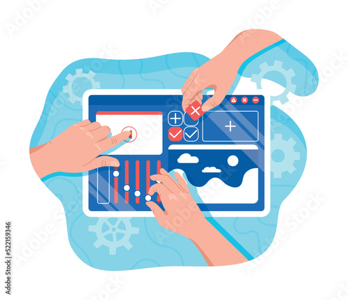 Ui Ux design. Hands select graphic elements for website. Tablet settings. Graphic designer and programmer create interface for website or mobile application. Cartoon flat vector illustration