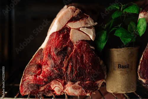 Big chunks of raw dry-aged steak meat