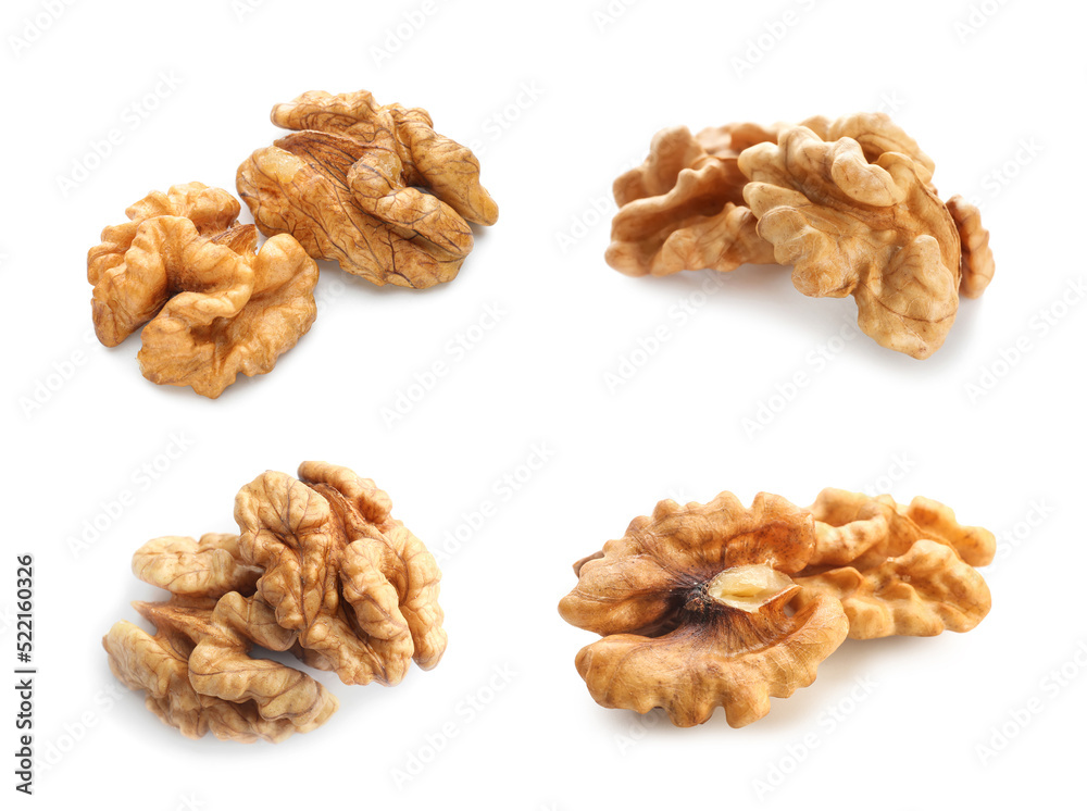 Set of tasty peeled walnuts isolated on white Set of tasty peeled walnuts isolated on white
