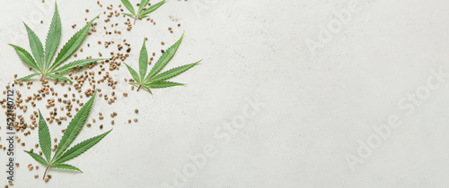 Hemp seeds with leaves on light background with space for text