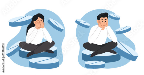 Concept of antidepressants. Man and girl sitting on pills, psychological and mental problems. Psychotherapy and help in difficult situation, depression and disorder. Cartoon flat vector illustration