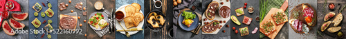 Collage of tasty toasts with jam, fruits, chocolate paste, honey, sausages, mushrooms and vegetables on dark background