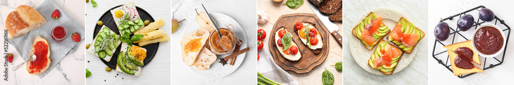 Set of tasty toasts with egg, avocado, vegetables, seafood and jams on light background, top view