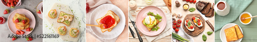 Set of tasty toasts with egg, avocado, shrimps, honey and jams on light background, top view