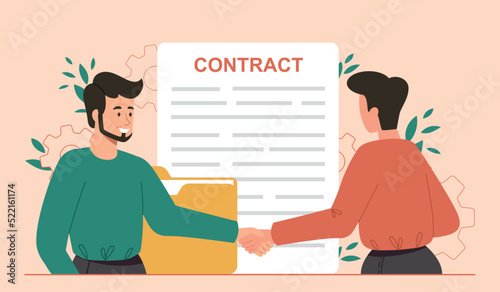 Men conclude contract. Partnership and cooperation of companies, businessman and investor shake hands. Documents and legal protection of deal, successful negotiations. Cartoon flat vector illustration