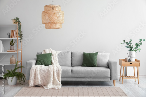 Grey sofa, table and shelving unit with houseplants near light wall photo