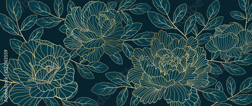 Golden rose line art vector in dark background. Luxury watercolor wallpaper with rose flowers, leaves and blooms in hand drawn. Elegant botanical design for banner, invitation, packaging, wall art.