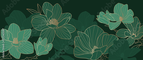 Golden floral line art vector in green background. Luxury watercolor wallpaper with magnolia flowers, leaves and branch in hand drawn. Elegant design for banner, invitation, packaging, wall art.