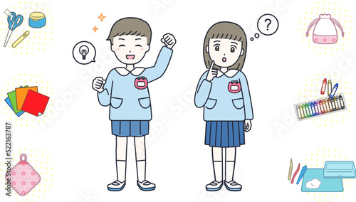 喜ぶ男の子と不思議に思う女の子の園児をイメージしたイラスト素材（保育園・幼稚園・こども園）