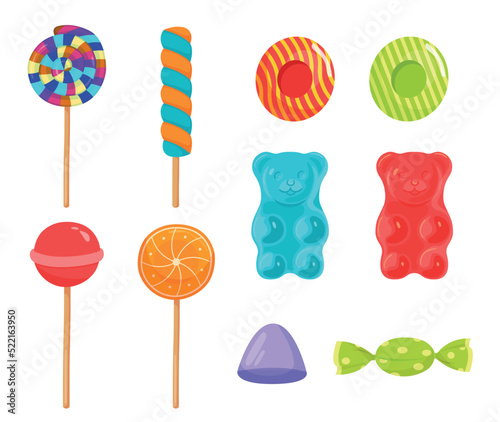 Set of candies. Collection of caramels on stick and colorful jelly bears, fruit lollipops, sweets. Stickers for social networks. Cartoon flat vector illustrations isolated on white background