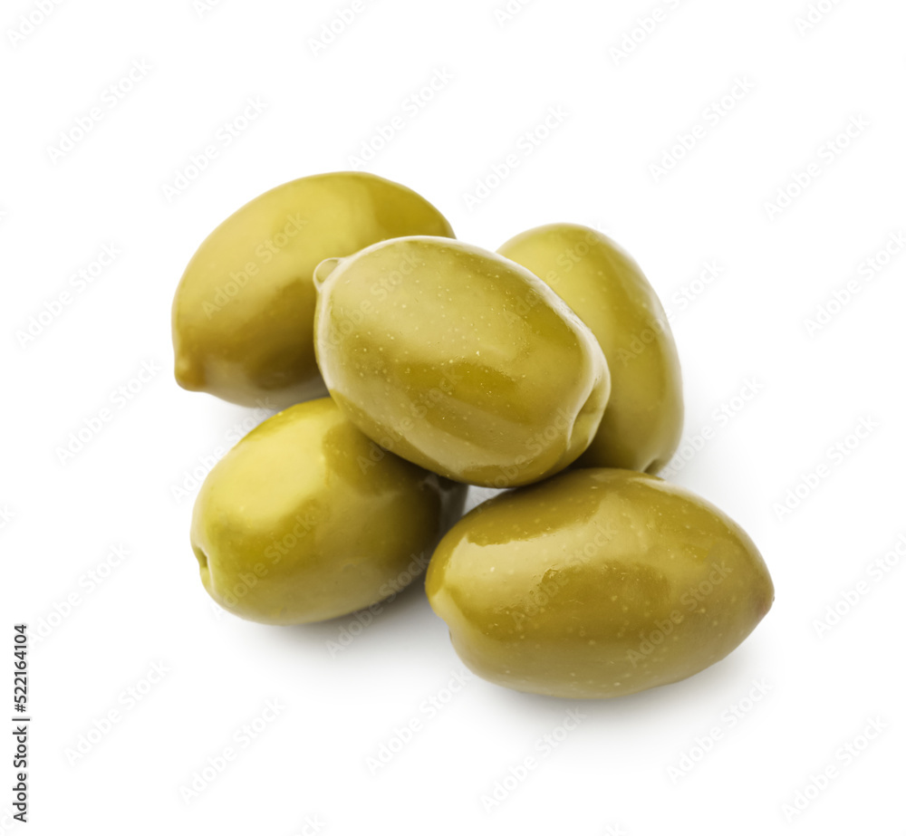 Tasty canned green olives isolated on white Tasty canned green olives isolated on white