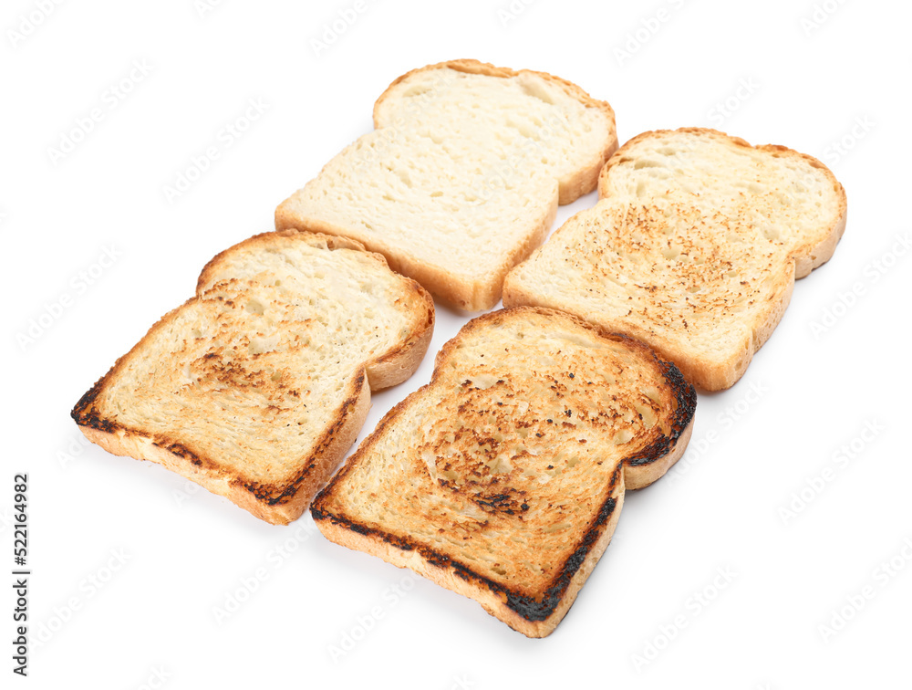 Slices of toasted bread isolated on white background