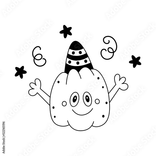 Vector doodle cute smiling pumpkin with festive cap on head and stars.Childish happy halloween design element.Outline.Isolated on white background.