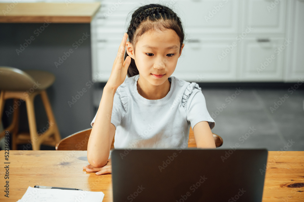 Schoolgirl studying with video online lesson at home Schoolgirl studying with video online lesson at home