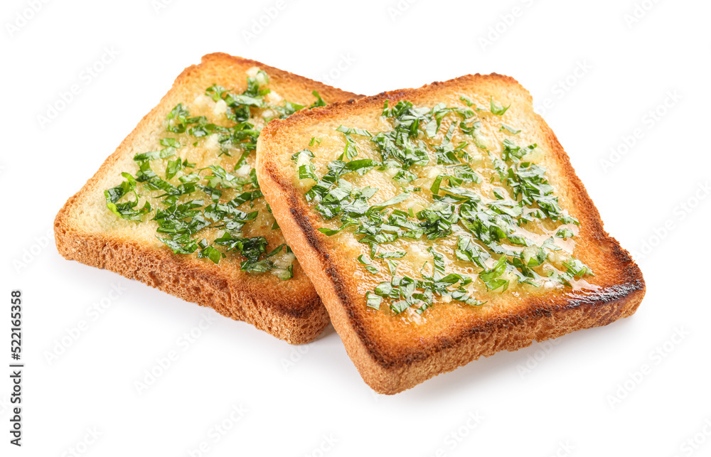 Slices of toasted garlic bread with parsley on white background Stock