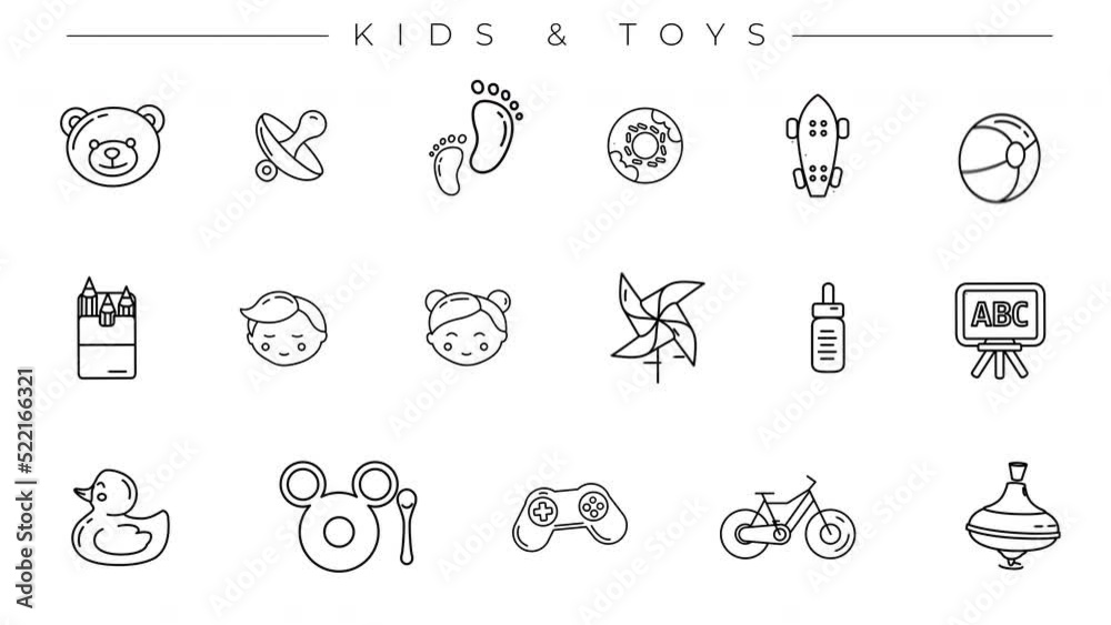 Collection of Kids and Toys line icons on the alpha channel.