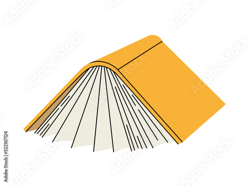 Open book. Upside down book with open pages. An open book stands on the table like a house, the cover is on top. Book edition with flying pages. Flat vector illustration isolated on white background.