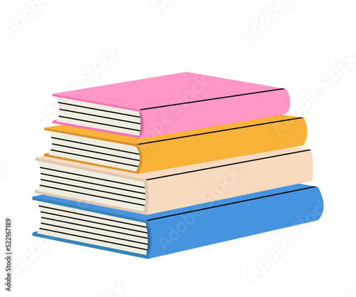 Stack of books to read. Multicolored set of literature, textbooks, notebooks, planners. Books stacked on top of each other. Flat vector illustration isolated on white background.