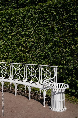 White bench with the bush background.  photo