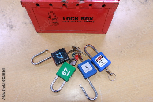 Lock box and switch gear room background ,Lockout Tagout , Electrical safety system.Key lock switch or circuit breaker for safety protect.in electric room