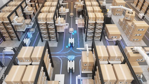Warehouse management with automated robotics,The transport vehicle uses a robotic arm.,robots to pick up the goods. using automation in product management, 3D rendering photo