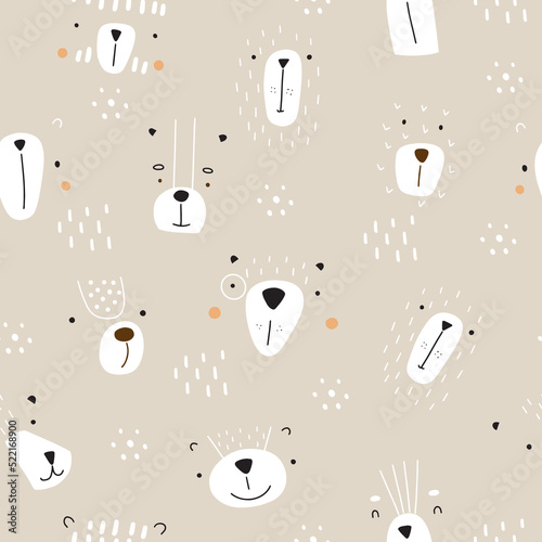 Seamless pattern with funny muzzles of bears on a beige background. Vector illustration in doodle style for your design.