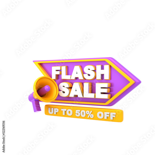 3d rendering badge flash sale with megaphone icon