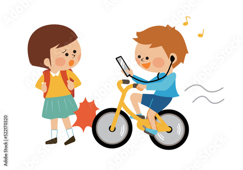 事故　スマホを見ながら自転車を運転する子供のイラスト