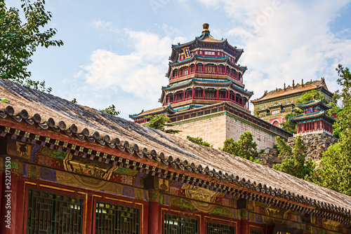 Panorama of the Hall of Dispelling Clouds and the Tower of Buddhist Fragrance in the Summer Palace, Beijing, China.