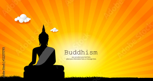 Big buddha meditates behind the light temple religion vector illustration. Sit on a mountain face and sun light background