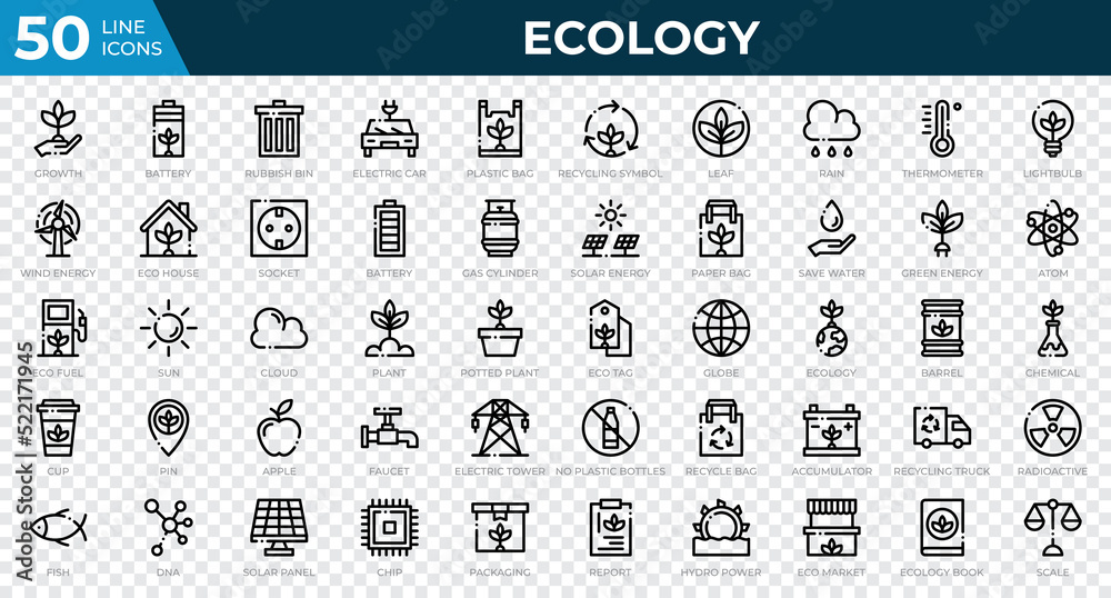 Set of 50 Ecology web icons in line style. Recycling, biology, renewable energy. Outline icons collection. Vector illustration