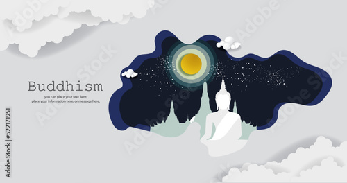 Buddha temple religion of frame background - Magha puja day banner buddha with the full moon day vector design paper art