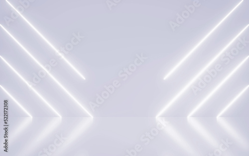 Neon Light Shapes line diagonals on colorful and reflective floor, highlight concept.